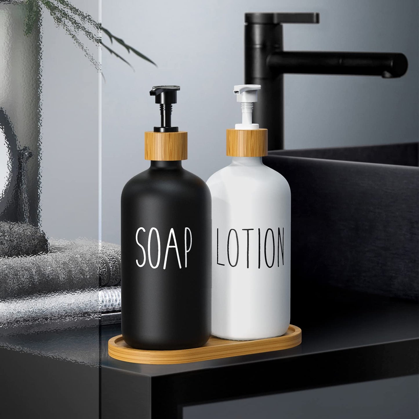 3-in-1 Refillable Ceramic Soap & Lotion Dispenser Set with Bamboo Base – 500ml Capacity