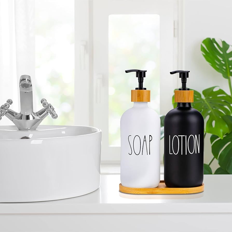 3-in-1 Refillable Ceramic Soap & Lotion Dispenser Set with Bamboo Base – 500ml Capacity