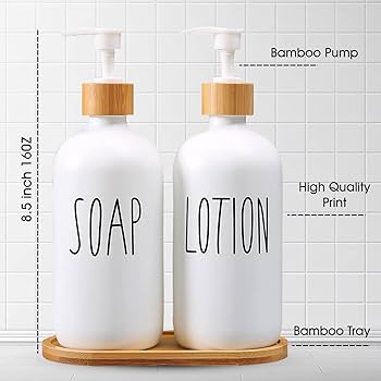 3-in-1 Refillable Ceramic Soap & Lotion Dispenser Set with Bamboo Base – 500ml Capacity