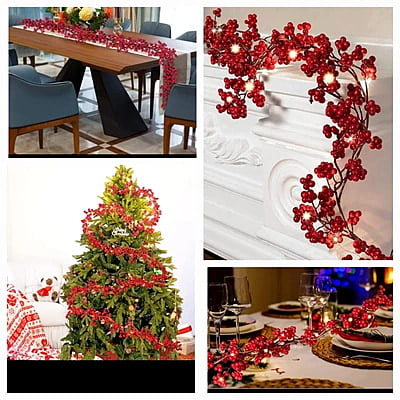 1.8M red berry christmas garland with light