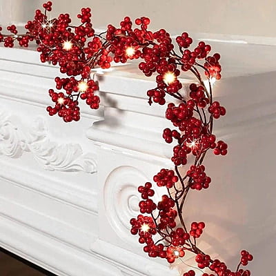 1.8M red berry christmas garland with light